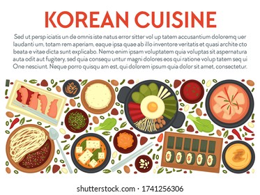 Korean cuisine banner, traditional food of asian country. Set of dishes cooked in restaurant or home. Octopus and hobakjuk, kimbap and jajangmyeon, vegetables and meat meal, vector in flat style