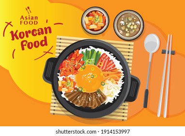 Korean cuisine Bibimbap set, Rice mixing with various ingredients in black bowl, top view vector illustration