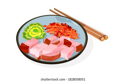Korean cuisine dish Bossam on plate and chopsticks. Boiled in spices, thinly sliced pork served with inner leaves of napa cabbage, saeu-jeot salted shrimps . Vector illustration isolated on white.