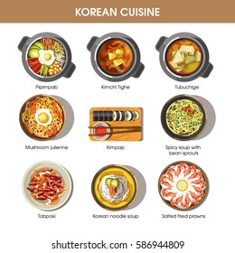 Korean cuisine flat vector collection of dishes on white. Set of asian spicy food signs. Salted fried prawns, korean noodle soup, spicy soup with bean sprouts, mushroom julienne, sushi kimpap