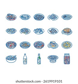 korean cuisine food asian doodle icons set vector. korea menu, noodle top meal, bibimbap rice, topokki soup, chicken, healthy, dish korean cuisine food asian sketch hand drawn