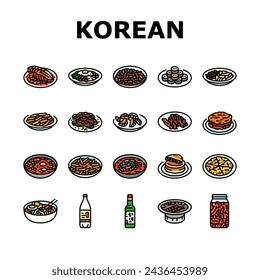 korean cuisine food asian icons set vector. korea menu, noodle top meal, bibimbap rice, topokki soup, chicken, healthy, dish korean cuisine food asian color line illustrations