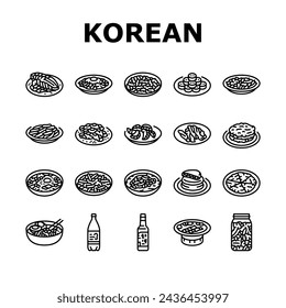 korean cuisine food asian icons set vector. korea menu, noodle top meal, bibimbap rice, topokki soup, chicken, healthy, dish korean cuisine food asian black contour illustrations