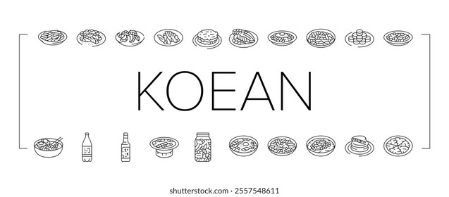 korean cuisine food asian icons set vector. korea menu, noodle top meal, bibimbap rice, topokki soup, chicken, healthy, dish korean cuisine food asian black contour illustrations