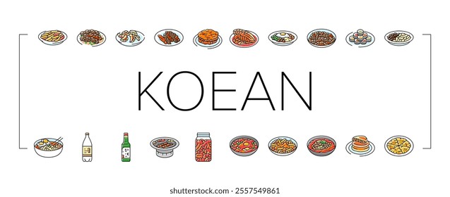 korean cuisine food asian icons set vector. korea menu, noodle top meal, bibimbap rice, topokki soup, chicken, healthy, dish korean cuisine food asian color line illustrations