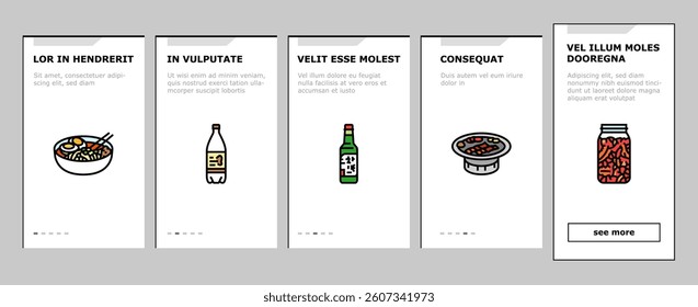 korean cuisine food asian onboarding mobile vector korea menu, noodle top meal, bibimbap rice, topokki soup, chicken, healthy, dish korean cuisine food asian illustrations