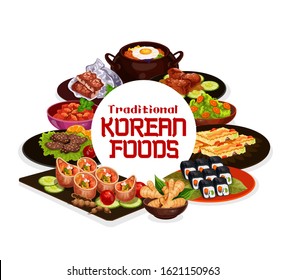 Korean cuisine food, traditional asian restaurant menu dishes. Vector pork ribs in soy sauce and korean bibimpab pot, BBQ beef bulgogi, fried shrimp with spinach, seaweed salad and desserts