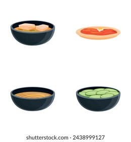 Korean cuisine icons set cartoon vector. Classic spicy korean food. Asian meal