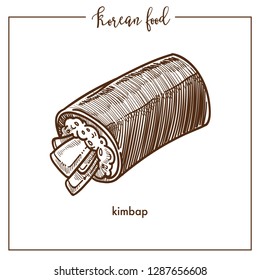 Cocina coreana Kimpap o icono del boceto de tiza Gimbap. Rollos de sushi coreanos vectoriales de arroz y carne o pescado en nori para el menú de Corea o el diseño de la receta de cocina icono aislado sobre fondo blanco