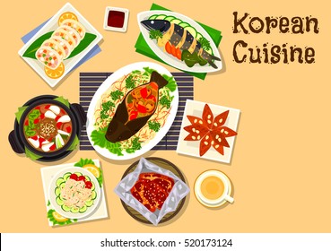 Korean cuisine seafood dinner with dessert icon with steamed carp with vegetables, scallop salad, baked eel, fried mackerel, spicy beef soup, stuffed squid, ginger cookie with honey
