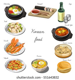 Korean cuisine set. Collection of food dishes for the decoration of restaurants, cafes, menus. Vector Illustration. Isolated on white.