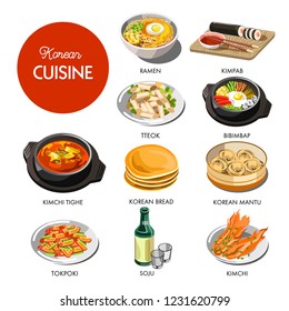 Korean cuisine traditional dishes flat icons. Vector set of ramen noodles, kimchi tighe seafood soup, koran mantu bread dumplings, soju drink and kimpab roll. Traditional Korea restaurant menu