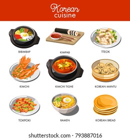 Korean cuisine traditional dishes flat icons.