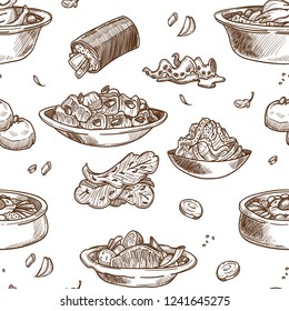 Korean cuisine traditional dishes sketch seamless pattern.