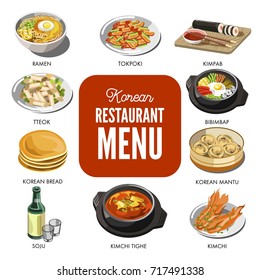 Korean cuisine traditional dishes vector flat icons set