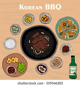 Korean cuisine vector. Korean BBQ with traditional side dishes and rice vodka soju hand drawn