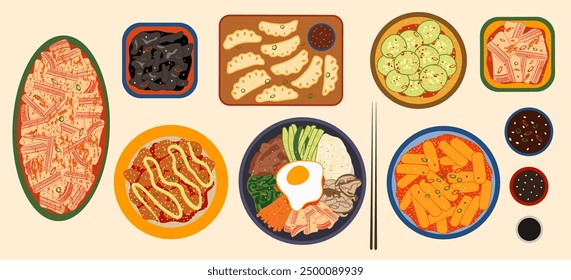 Korean cuisine vector illustration. Delicious traditional asian food. South Korean main and side dishes like bibimbap, spicy kimchi, tteokbokki, fried chicken bites, black fungus and cucumber salad