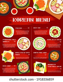 Korean cuisine vector menu template pyonguang cold noodles, kimchi pork soup and bean jelly salad with dried fish in spicy sauce. Duck soup, marinated vegetable salad, fish and beef khe meals of Korea