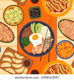 Korean cuisine vector seamless pattern. Delicious asian dishes bibimbap, spicy kimchi, tteokbokki, fried chicken bites, black fungus and cucumber salad. Traditional dinner table setting background