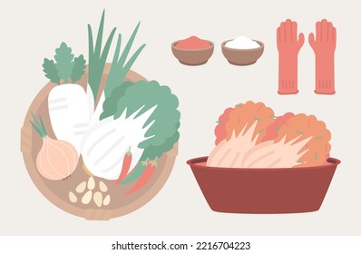 Korean culture 'Kimjang' traditional process of preparation and preservation of kimchi. Kimjang symbol elements illustration vector set.