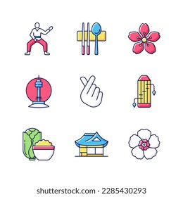 Korean culture RGB color icons set. Taekwondo fighter. Sujeo utensils. Cherry blossom. N Seoul tower. Finger heart. Gayageum, kimchi. Hanok home. Hibiscus syriacus. Isolated vector illustrations