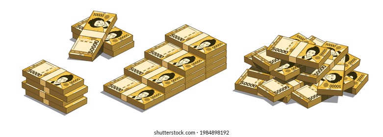 Korean currency, different types set of Bundles of paper money. South Korean 50,000 won.