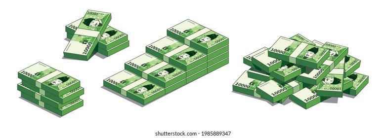 Korean currency, different types set of Bundles of paper money. South Korean 10,000 won.
