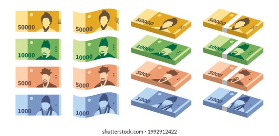 Korean currency, flat simple illustration collection of banknotes of the South Korean won isolated on white background