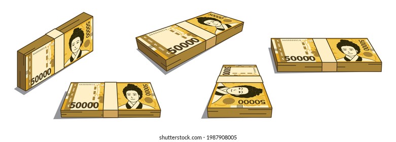 Korean currency, a set of bills of various angles. South Korean 50,000 won.