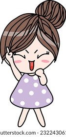 Korean cute girls character in dot purple dress cartoon.