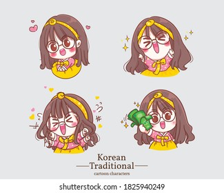 Korean cute girls in traditional korean hanbok dress cartoons. set illustration logo. Premium Vector