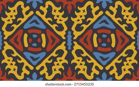 Patrón dancheong coreano con Formas geométricas y colores contrastantes. Motivo arquitectónico tradicional coreano. Damasco oriental para estampado de tela y papel tapiz. Vector textura sin costuras