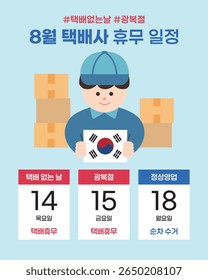 Aviso de Feriado do Serviço de Entrega Coreano para agosto e Dia da Libertação.(Tradução coreana: Agendamento de Feriado do Serviço de Entrega em agosto)