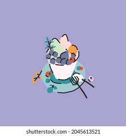 Korean dessert Bingsu. Ice cream with fruits. Vector cute illustration, postcard, print