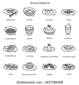  Korean desserts icons set. Outline drawing. Sweet rice meals and spicy, warming drinks.Traditional South Korea cuisine. Asian food. Editable stroke.Isolated vector illustration 