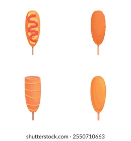 Korean dish icons set cartoon vector. Sausage in dough on stick. Food concept