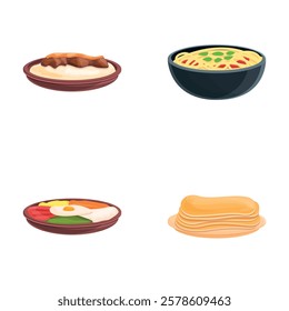 Korean dish icons set cartoon vector. Classic spicy korean cuisine. Asian meal