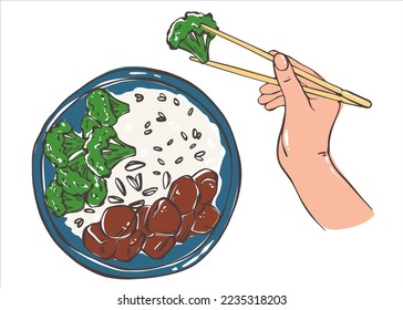 Korean dish with rice, broccoli and beef. A hand with chopsticks holds broccoli. Asian food. Healthy food. Vector illustration for any design.