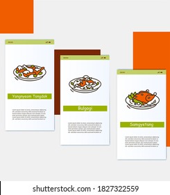 Korean dishes onboarding mobile app page screens.Yangnyeom tongdak,Bulgogi and Samgyetang.South Korea, cuisine concept. Walkthrough steps menu information. UI, UX web template with RGB linear icons 