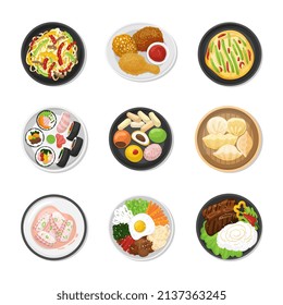 Korean dishes top view. Chinese traditional food, soup and dumpling. Asian meal with rice and vegetables, fried chicken and seafood. Dinner vector neoteric set