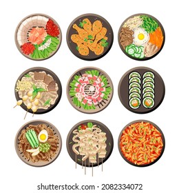 Korean dishes top view. Seaweed dumpling, food fish. Breakfast lunch meals, vegetarian asian soup and sauces. Oriental traditional buffet swanky vector set