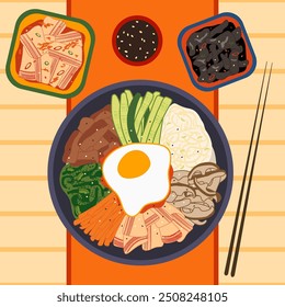 Korean dishes vector illustration. Delicious asian food background. Flat lay dinner table setting with traditional bibimbap, spicy kimchi, black fungus and soy sauce. Modern textured poster design