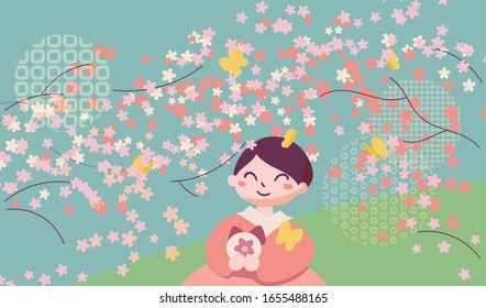 Korean Double Third or Samjinnal Festival to celebrate spring arrival. Woman sitting under azalea flowers making traditional rice cake. Vector illustration card. Caption translation: Samjinnal