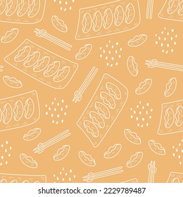 Korean Dumplings doodle food seamless pattern. Mandu Asian cuisine hand drawn white line art on beige background. Repeat vector illustration for wallpaper, wrapping paper, menu, restaurant, delivery