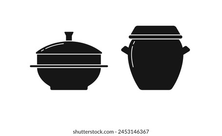 Korean earthenware pot, clay onggi for traditional food. Gamasot, asian iron cauldron with lid for stew and boil hot soup and spicy sauce. Vector flat icons of Korean cookware, side view