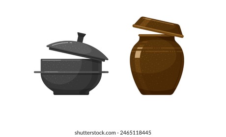 Korean earthenware pot and iron cauldron with lid. Clay onggi and gamasot for stew and boil hot soup and spicy sauce. Vector flat cartoon illustrations of Korean traditional cookware, side view