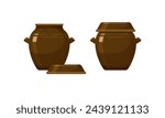 Korean earthenware pots, clay onggi for traditional food, kimchi and sause storage. Antique onggi, ceramic utensil from Korea. Vintage traditional asian brown clay pots with lids, vector cartoon set