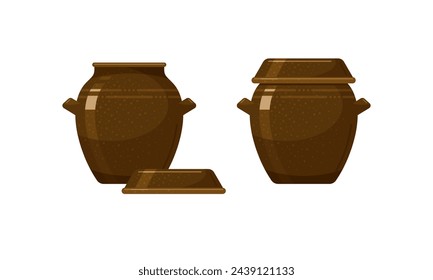 Korean earthenware pots, clay onggi for traditional food, kimchi and sause storage. Antique onggi, ceramic utensil from Korea. Vintage traditional asian brown clay pots with lids, vector cartoon set