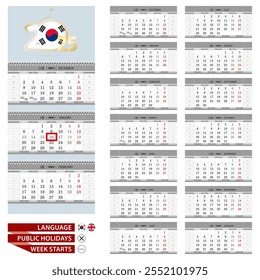 Korean and English language calendar for 2025 year. Week starts from Monday. Ready for print. Vector Illustration.