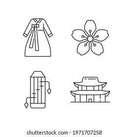 Korean ethnic symbols linear icons set. Hanbok clothes. Cherry blossom. Gayageum musical instrument. Customizable thin line contour symbols. Isolated vector outline illustrations. Editable stroke